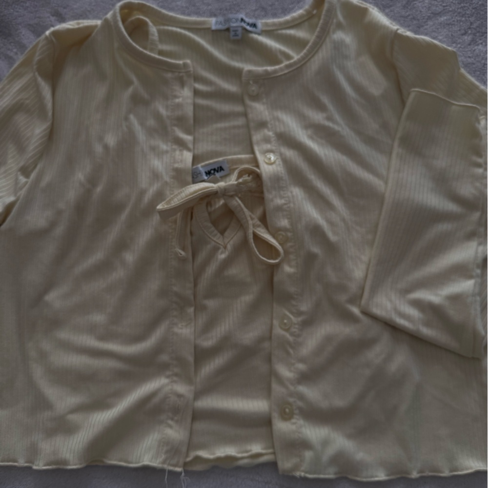 Fashion Nova Cream Ribbed Button-Down Top with Tie Front